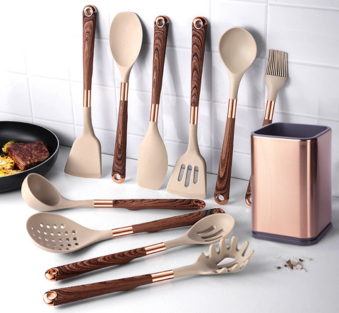 Silicone Cooking Utensils Set Kitchen Non-stick Tool Gold Handle Gadgets BPA FREE Kitchenware Heat Resistant