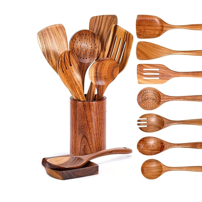 Wooden Utensils for Cooking with Utensils Holder, Teak Wood Kitchen Utensils Set 9PCS