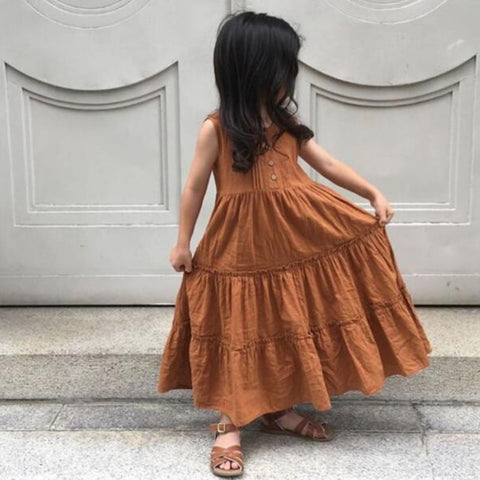 Vestido liso para niña, vestido informal para niño pequeño, vestido de princesa sin mangas de lino y algodón