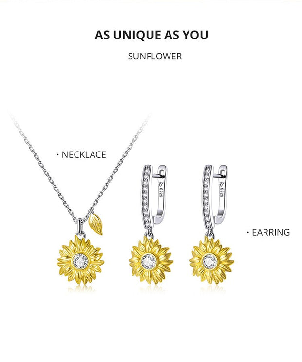 Silver Sunflower Jewelry Set 925 Sterling Silver Gold Color Lucky Necklace Earring Gift for Women Fashion .