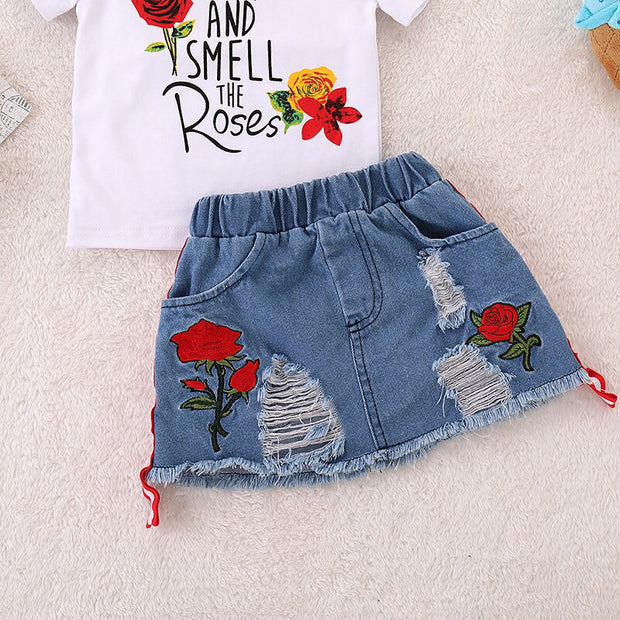 Kids Set Children's Clothes Suit Flower Print Set Top+Denim Skirt 2Pcs Toddler Children Outfits Clothing Sets