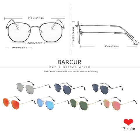 BARCUR Retro gafas de sol reflectantes clásico hombre minimalista Acero inoxidable marco gafas de Sol mujeres gafas de Sol