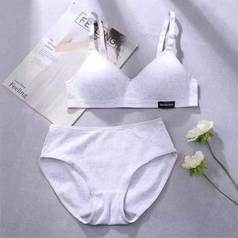 New Pure Cotton Girls Youth Gathering No Steel Ring Cup Thin Anti-sagging Bra Set Lingerie