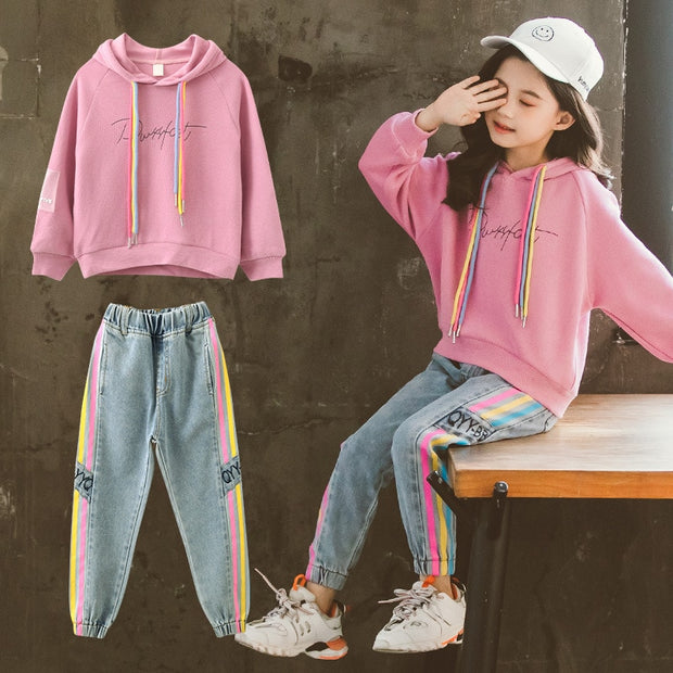 Conjunto de ropa para niños, Sudadera con capucha, pantalones vaqueros, chándal para niños, trajes deportivos para niñas, ropa de 6, 8, 10 y 12 años