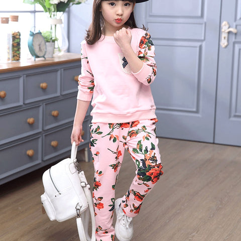 Winter Children Clothing Sets for Girls Floral Baby Clothes Cotton Kids Tracksuit shirt and Pants