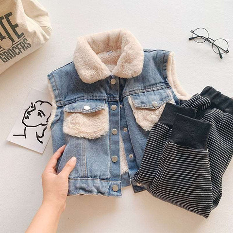 80-140 Cm Winter Girls Boys Thick Warm Fleece Waistcoat Baby Kids Children Jeans Denim Vest