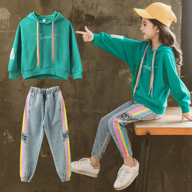 Conjunto de ropa para niños, Sudadera con capucha, pantalones vaqueros, chándal para niños, trajes deportivos para niñas, ropa de 6, 8, 10 y 12 años