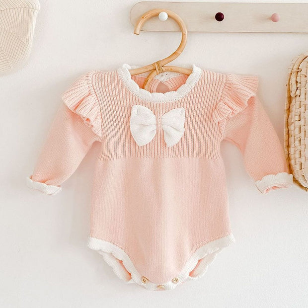 Cute Winter Infant Baby Girls Bowknot Rompers Clothing Kids Girl Long Sleeve Knit Rompers Clothes