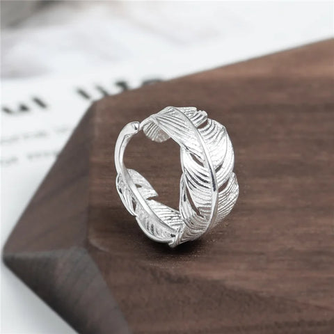 Real 925 Sterling Silver Jewelry Feather Open Rings For Women Original Design Luxury Accessories