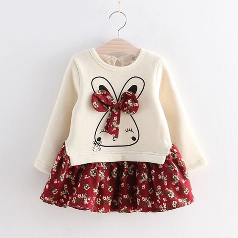 New Arrival Winter Baby Toddler Faux-two Bunny Print Floral Dresses for Kids Girls Clothing