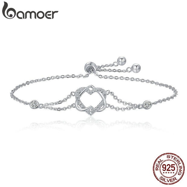 Genuine 925 Sterling Silver Twisted Double Heart in Heart Chain Bracelets for Women Authentic Silver Jewelry.