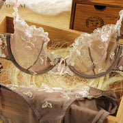 New Exquisite embroidery lotus pink ultra-thin sexy transparent lace Lingerie bra set