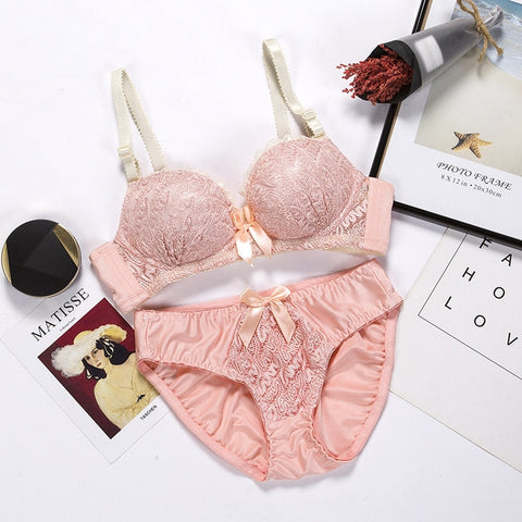 Push Up Bra Lace and Panty Set Embroidery Bra Set Women Plus Size Deep V Lingerie