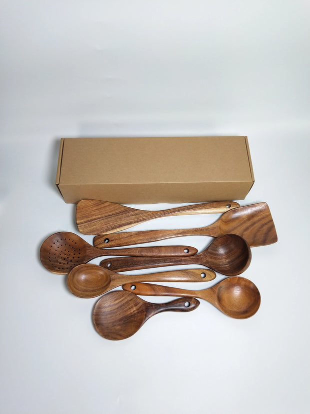 Luxury Teak natural wood High Quality Durable Tableware Cooking Kitchen tool kit 1-7pcs set