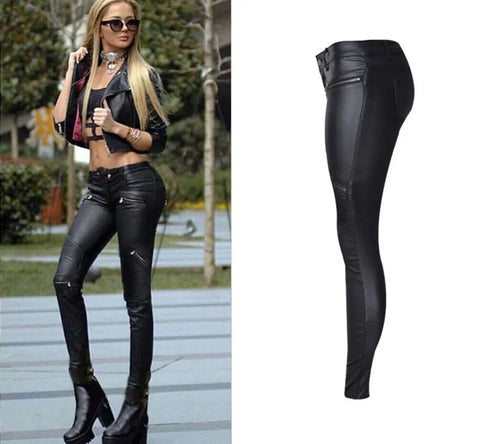 Winter Autumn PU Leather Coated Denim Pants for Women Sexy Tight Stretchy Rider Black Coffee Rock Punk Party Pants XXXL