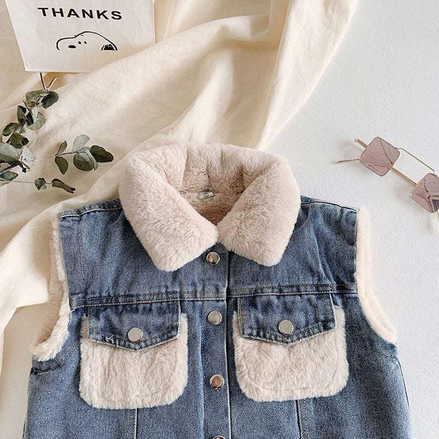 80-140 Cm Winter Girls Boys Thick Warm Fleece Waistcoat Baby Kids Children Jeans Denim Vest