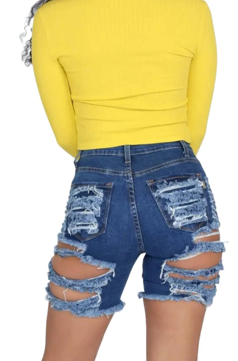 Summer woman trendy Ripped denim shorts fashion high waist jeans