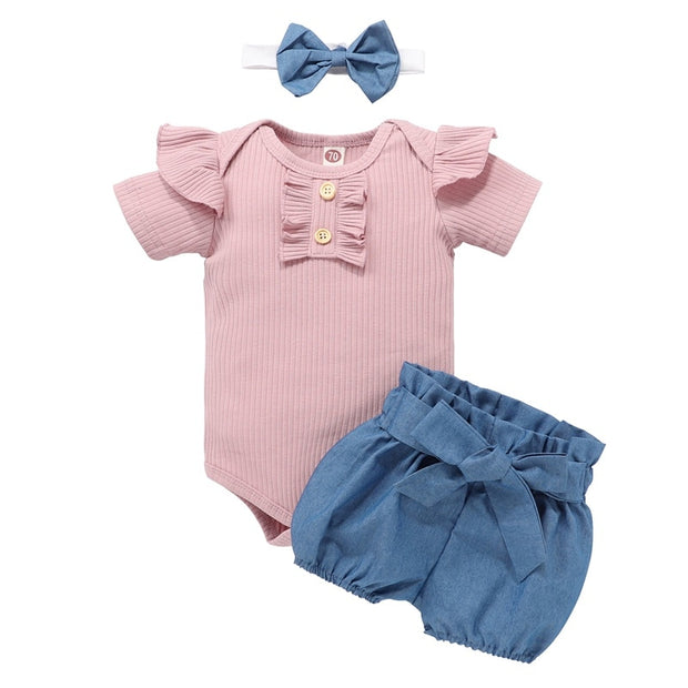 Newborn Baby Girls Outfits Clothes Cotton Solid Romper Jumpsuit + Denim Shorts+Headband Sweet Set  New 2023