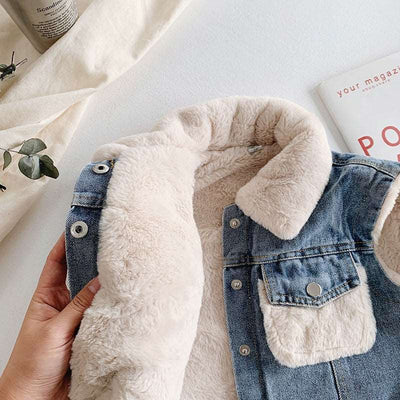 80-140 Cm Winter Girls Boys Thick Warm Fleece Waistcoat Baby Kids Children Jeans Denim Vest