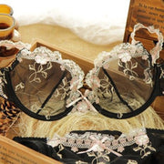 New Exquisite embroidery lotus pink ultra-thin sexy transparent lace Lingerie bra set