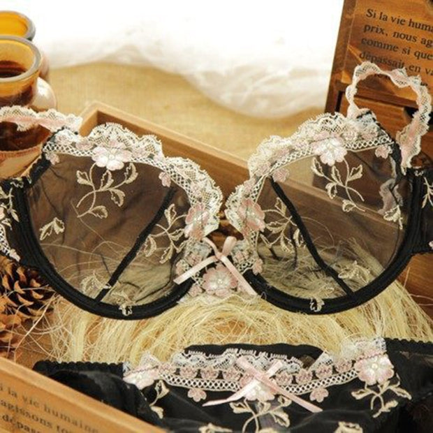 New Exquisite embroidery lotus pink ultra-thin sexy transparent lace Lingerie bra set