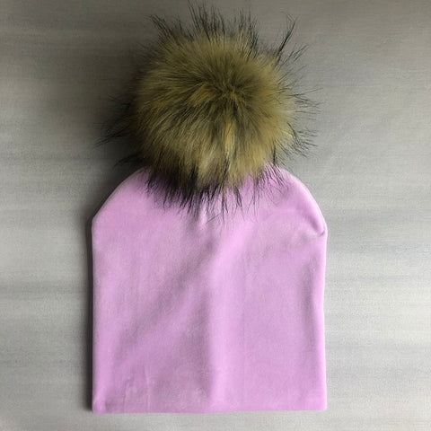 Kids Girls Solid Velvet Hat with Pompon Baby Cap Children's Accessories