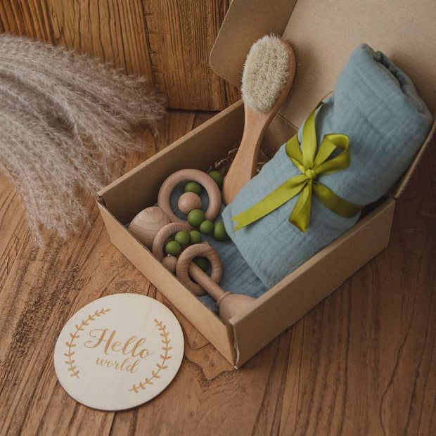 1Set Baby Bath Toy Set  Baby Bath Towel Wooden Rattle Bracelet Crochet Rattles Toys Infant Bath Products Newborn Bed Bell