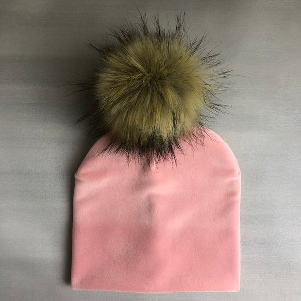 Kids Girls Solid Velvet Hat with Pompon Baby Cap Children's Accessories