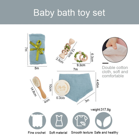 1Set Baby Bath Toy Set Towel Wooden Rattle Bracelet Crochet Products Newborn Bed Bell