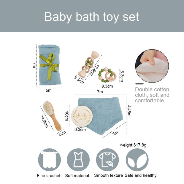 1Set Baby Bath Toy Set Towel Wooden Rattle Bracelet Crochet Products Newborn Bed Bell