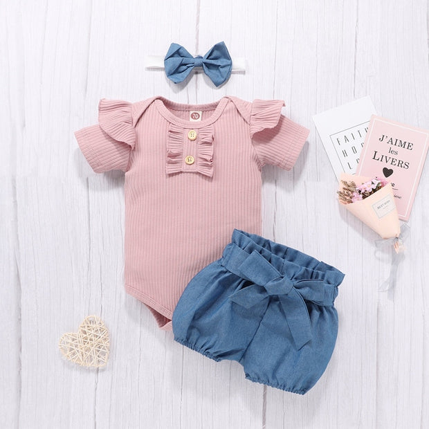 Newborn Baby Girls Outfits Clothes Cotton Solid Romper Jumpsuit + Denim Shorts+Headband Sweet Set  New 2023