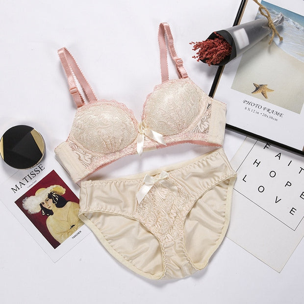 Push Up Bra Lace and Panty Set Embroidery Bra Set Women Plus Size Deep V Lingerie