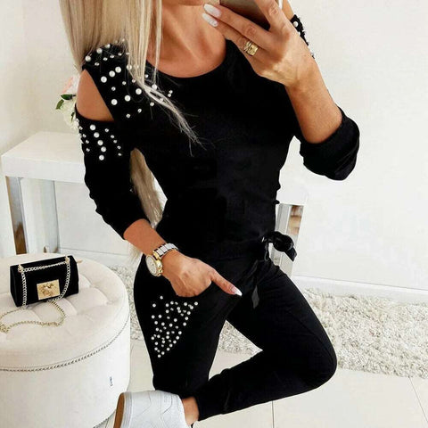 2 Pieces Set Women Europe fall outfit sexy nail bead pure color round collar long suit Sports Set