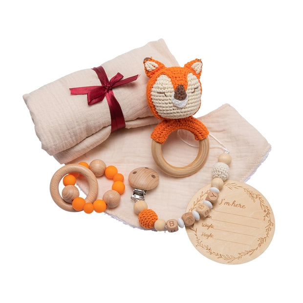 1Set Baby Bath Toy Set Towel Wooden Rattle Bracelet Crochet Products Newborn Bed Bell