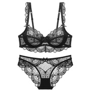 New Sexy Transparent Solid Bow Back Closure Ladies Ultrathin Lace ABCDE Cup Bra Briefs Lingerie Set