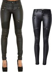 Winter Autumn PU Leather Coated Denim Pants for Women Sexy Tight Stretchy Rider Black Coffee Rock Punk Party Pants XXXL