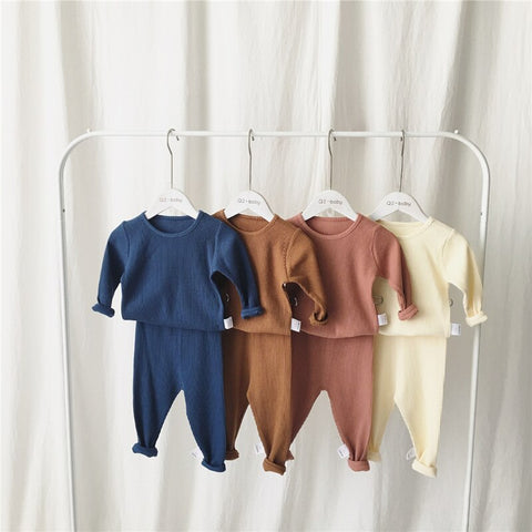 Ropa infantil caliente para niños y niñas, conjunto acanalado con manga completa, paño suave de invierno para niños, 2 uds.