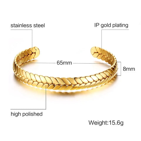 Wheat Design Cuff Bracelets Bangle for Women 8mm Gold Color Adjustable Jewelry