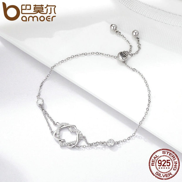 Genuine 925 Sterling Silver Twisted Double Heart in Heart Chain Bracelets for Women Authentic Silver Jewelry.