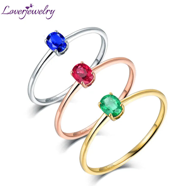 Natural Green Emerald Red Ruby Blue Sapphire Ring Good Gem 18K White Gold Jewelry Simple Design