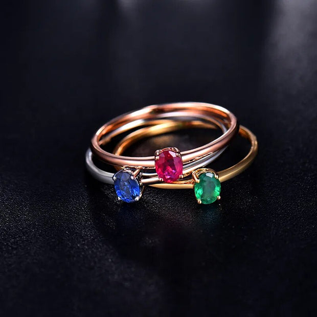 Natural Green Emerald Red Ruby Blue Sapphire Ring Good Gem 18K White Gold Jewelry Simple Design