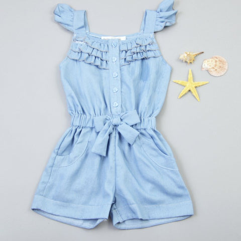 New Kids Girls Clothing Denim Blue Cotton Washed Jeans Sleeveless Bow Jumpsuits 0-5 Year