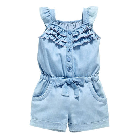 New Kids Girls Clothing Denim Blue Cotton Washed Jeans Sleeveless Bow Jumpsuits 0-5 Year