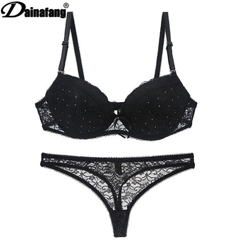 New Lace Drill Bra Sets Plus Size Panty Push Up Underwear Thong 34 36 38 40 42 BCDE Cup Female Lingerie