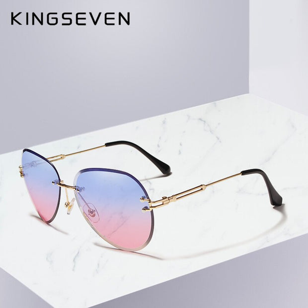 KINGSEVEN DESIGN Women Rimless Pilot Sunglasses Blue Gradient Lens UV400 Protection