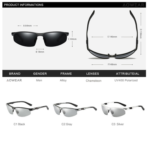 AOWEAR Photochromic Sunglasses Men Polarized Day Night Driving Glasses High Quality Aluminium Rimless Chameleon Eyewear Gafas