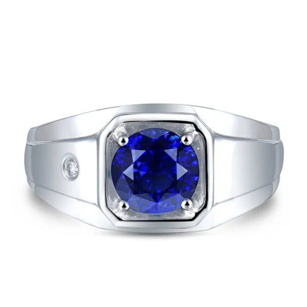 Unique Design 6.6mm Genuine Diamond Sapphire Men's Rings In 18Kt White Gold Jewelry