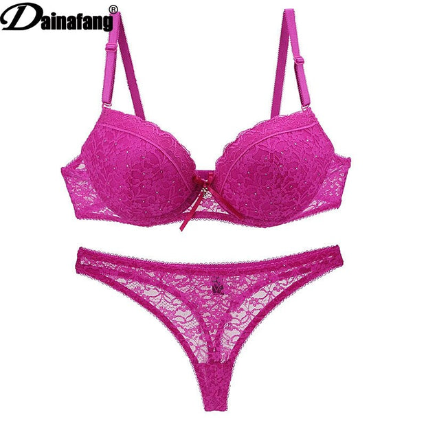 New Lace Drill Bra Sets Plus Size Panty Push Up Underwear Thong 34 36 38 40 42 BCDE Cup Female Lingerie