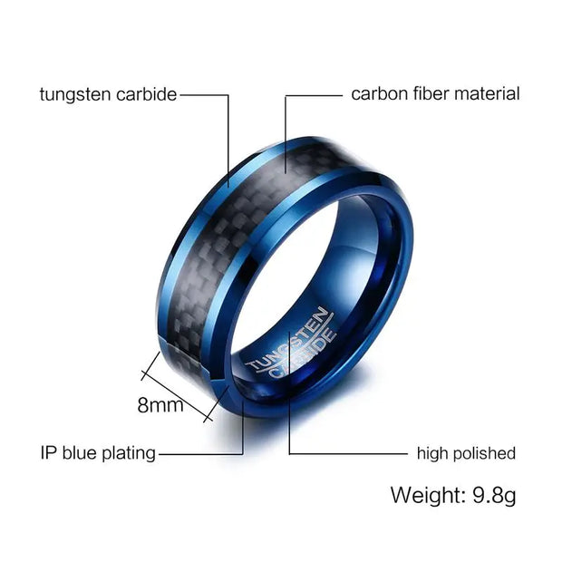 Blue Men's Carbon Fiber Tungsten Carbide Men Ring Jewelry