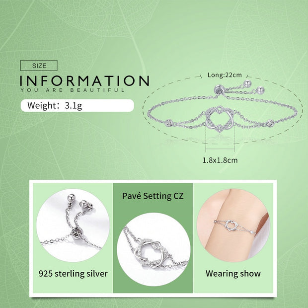 Genuine 925 Sterling Silver Twisted Double Heart in Heart Chain Bracelets for Women Authentic Silver Jewelry.